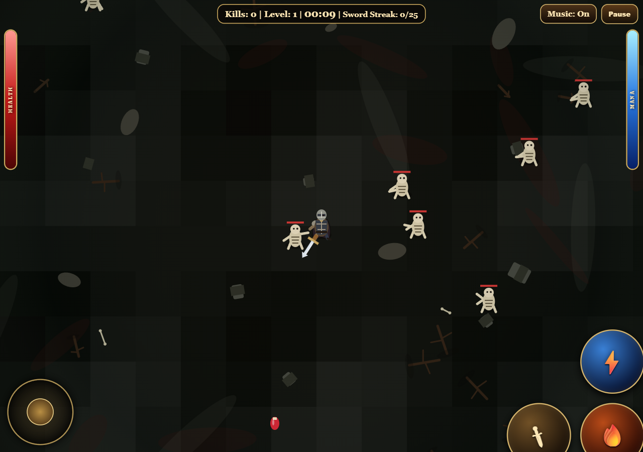 Undead Nightfall gameplay showing the player fighting a swarm of skeletal undead with health, mana, kill count and spell HUD visible