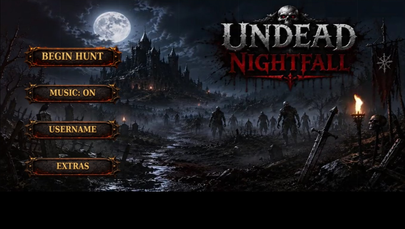 Undead Nightfall title screen with the game logo over a moonlit graveyard, and the Begin Hunt menu